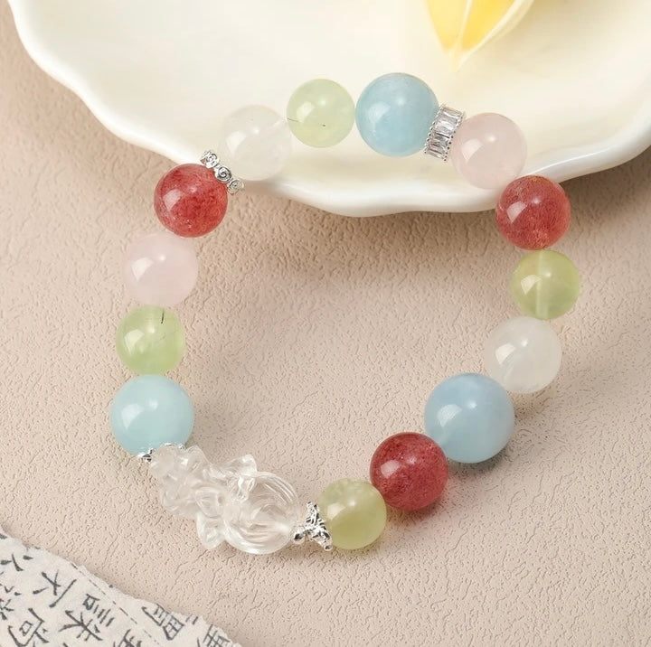 「Zhichun」Strawberry, Rose, Aquamarine, Prehnite, White Phantom, White Angel Carving Quartz