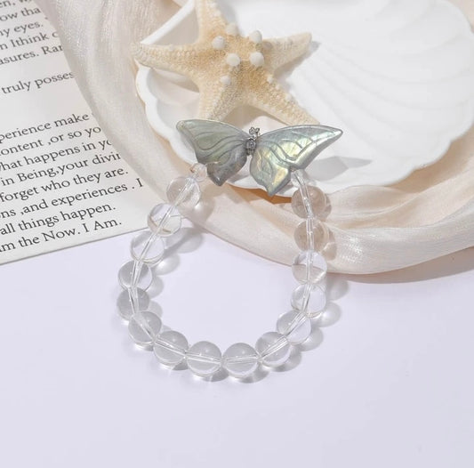 「Nebula Butterfly」Grey Butterfly Carving Labrodorite, White Quartz