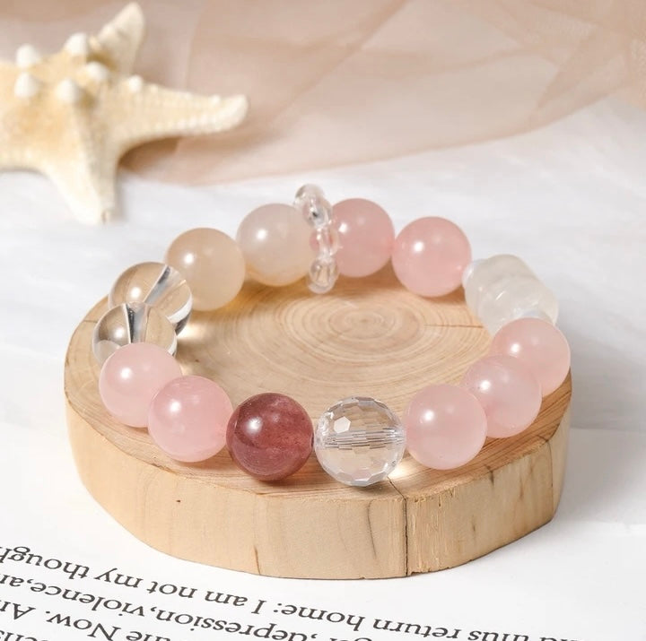 「Sophora」Rose, White, Strawberry Quartz, Agate