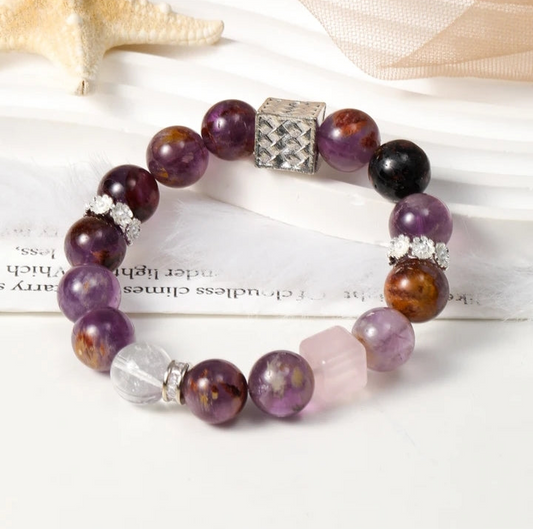 「Half Moon」Amethyst Phantom, Rose Cubes, White Quartz