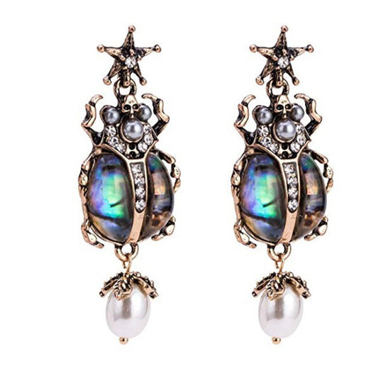 Shell insects beetle diamonds pearl earrings