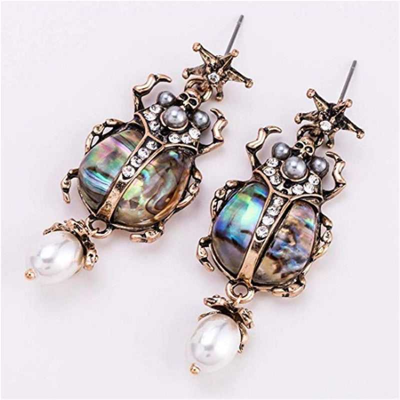 Shell insects beetle diamonds pearl earrings