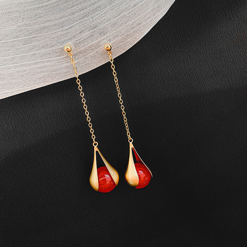 S925 needle elegant pear long tassel earrings