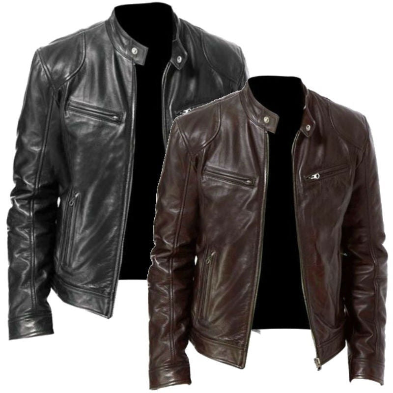 Men's stand collar punk male motorcycle leather jacket