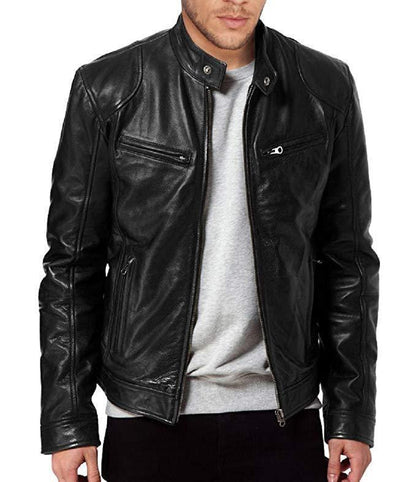 Men's stand collar punk male motorcycle leather jacket