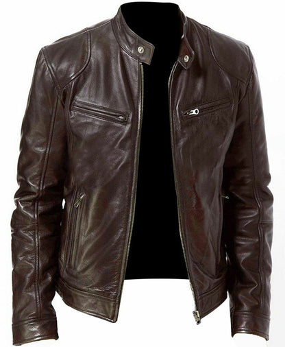 Men's stand collar punk male motorcycle leather jacket