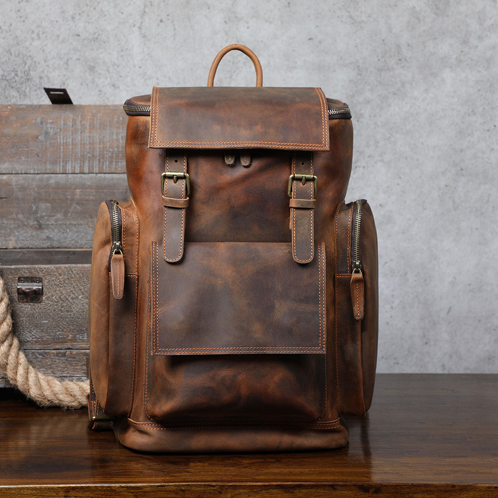 Large-capacity retro crazy horse leather backpack