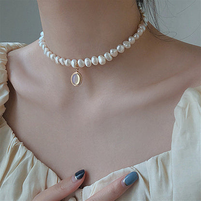 French pearl short chain crystal pendant necklaces