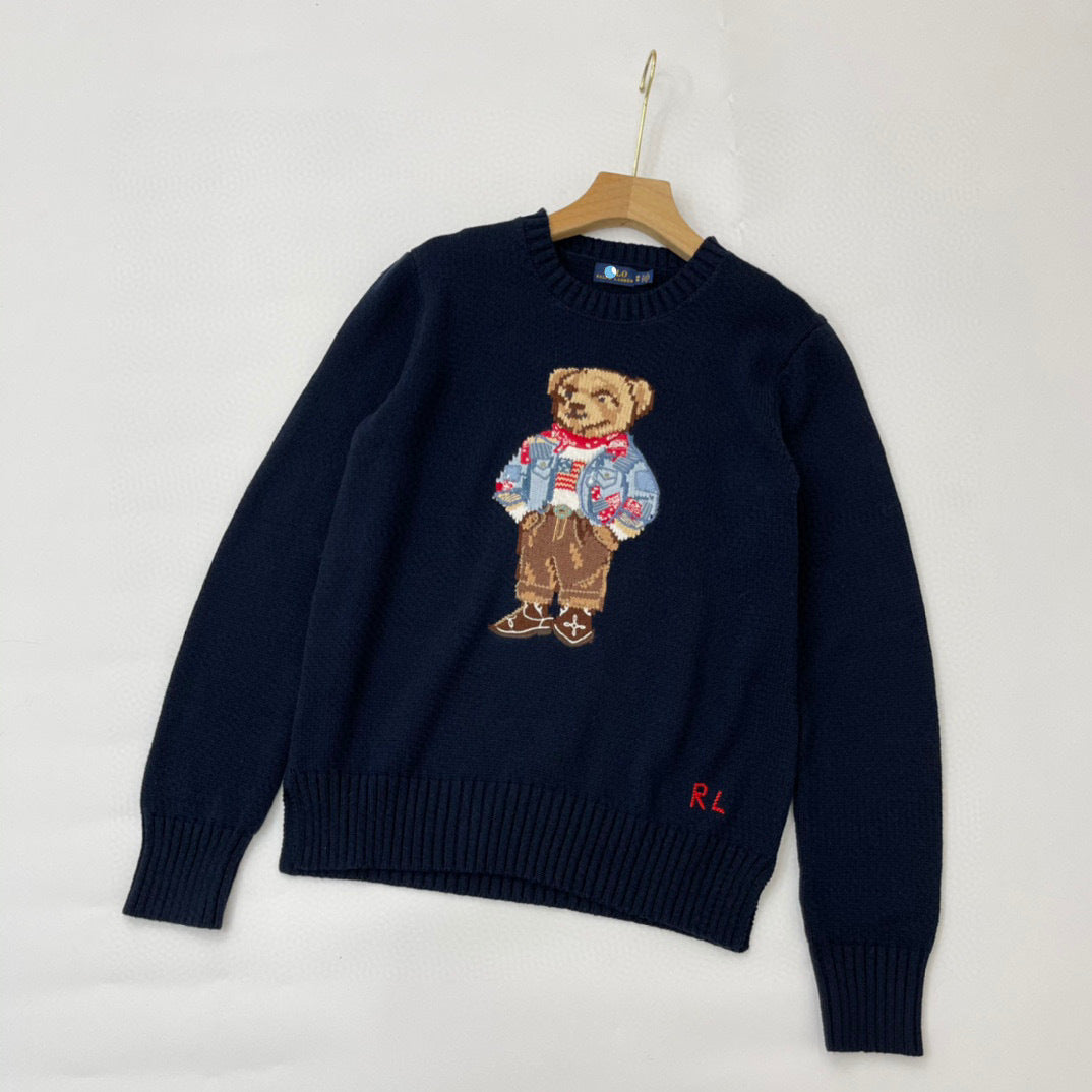 Cotton bear embroidery round neck sweater