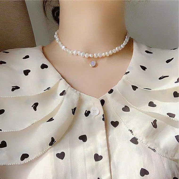 French pearl short chain crystal pendant necklaces