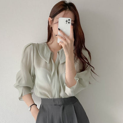 Collar loose wild single-breasted mesh slightly transparent puff sleeve shirt