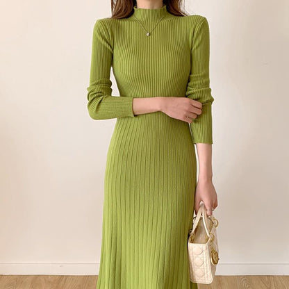 Half turtleneck inner bottoming a-line knitted dress