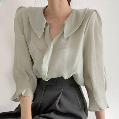 Collar loose wild single-breasted mesh slightly transparent puff sleeve shirt