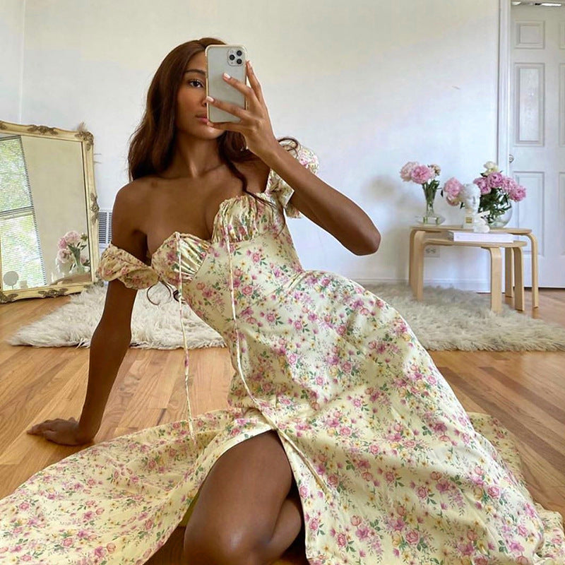 Fresh floral halter slim back strap slit dress