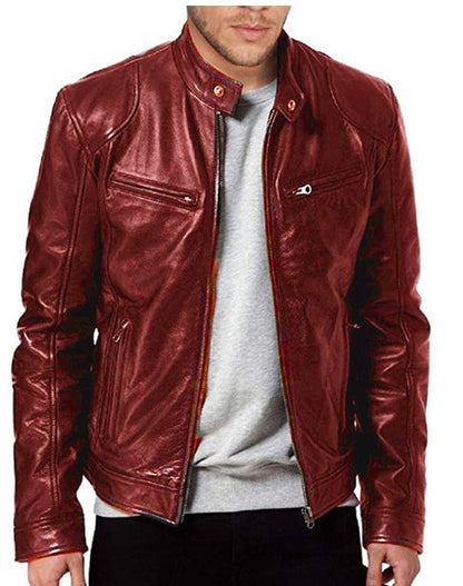 Men's stand collar punk male motorcycle leather jacket