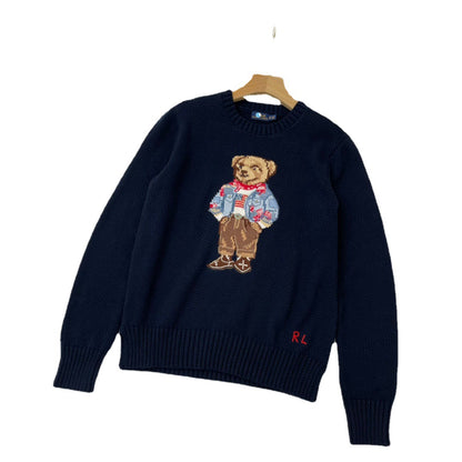 Cotton bear embroidery round neck sweater