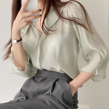 Collar loose wild single-breasted mesh slightly transparent puff sleeve shirt