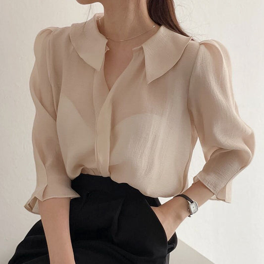 Collar loose wild single-breasted mesh slightly transparent puff sleeve shirt