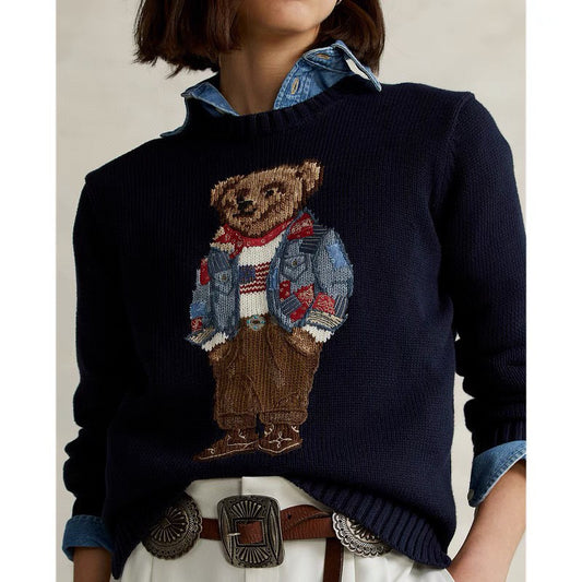 Cotton bear embroidery round neck sweater