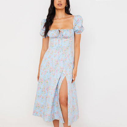 Fresh floral halter slim back strap slit dress