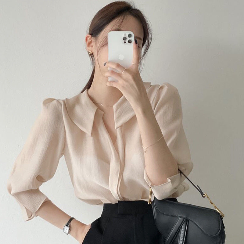 Collar loose wild single-breasted mesh slightly transparent puff sleeve shirt